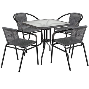 28'' Square Glass Metal Table with Gray Rattan Edging and 4 Gray Rattan Stack Chairs 28'' Square Glass Metal Table with Gray Rattan Edging and 4 Gray Rattan Stack Chairs