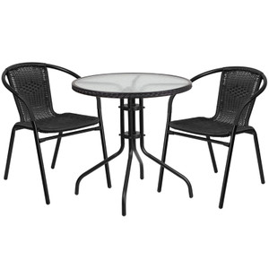 28'' Round Glass Metal Table with Black Rattan Edging and 2 Black Rattan Stack Chairs 28'' Round Glass Metal Table with Black Rattan Edging and 2 Black Rattan Stack Chairs