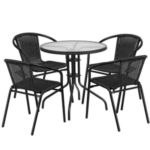 28'' Round Glass Metal Table with Black Rattan Edging and 4 Black Rattan Stack Chairs 28'' Round Glass Metal Table with Black Rattan Edging and 4 Black Rattan Stack Chairs