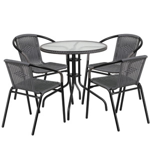 28'' Round Glass Metal Table with Gray Rattan Edging and 4 Gray Rattan Stack Chairs 28'' Round Glass Metal Table with Gray Rattan Edging and 4 Gray Rattan Stack Chairs