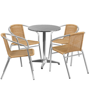 23.5'' Round Aluminum Indoor-Outdoor Table Set with 4 Beige Rattan Chairs 23.5'' Round Aluminum Indoor-Outdoor Table Set with 4 Beige Rattan Chairs