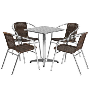 23.5'' Square Aluminum Indoor-Outdoor Table Set with 4 Dark Brown Rattan Chairs 23.5'' Square Aluminum Indoor-Outdoor Table Set with 4 Dark Brown Rattan Chairs