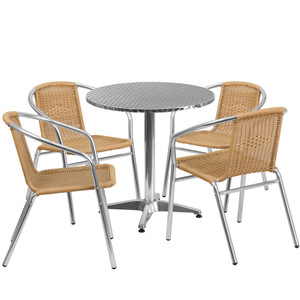 27.5'' Round Aluminum Indoor-Outdoor Table Set with 4 Beige Rattan Chairs 27.5'' Round Aluminum Indoor-Outdoor Table Set with 4 Beige Rattan Chairs