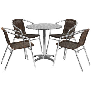 27.5'' Round Aluminum Indoor-Outdoor Table Set with 4 Dark Brown Rattan Chairs 27.5'' Round Aluminum Indoor-Outdoor Table Set with 4 Dark Brown Rattan Chairs