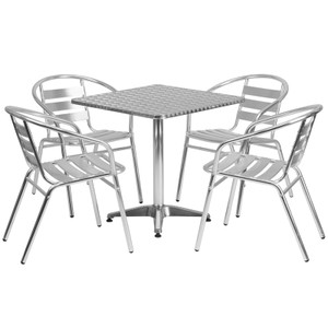 27.5'' Square Aluminum Indoor-Outdoor Table Set with 4 Slat Back Chairs 27.5'' Square Aluminum Indoor-Outdoor Table Set with 4 Slat Back Chairs