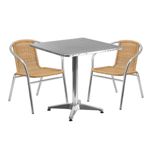 27.5'' Square Aluminum Indoor-Outdoor Table Set with 2 Beige Rattan Chairs 27.5'' Square Aluminum Indoor-Outdoor Table Set with 2 Beige Rattan Chairs