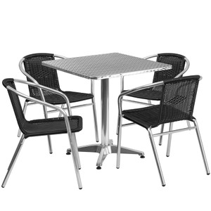 27.5'' Square Aluminum Indoor-Outdoor Table Set with 4 Black Rattan Chairs 27.5'' Square Aluminum Indoor-Outdoor Table Set with 4 Black Rattan Chairs