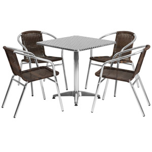 27.5'' Square Aluminum Indoor-Outdoor Table Set with 4 Dark Brown Rattan Chairs 27.5'' Square Aluminum Indoor-Outdoor Table Set with 4 Dark Brown Rattan Chairs