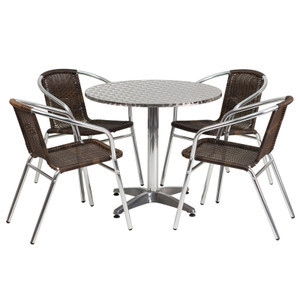 31.5'' Round Aluminum Indoor-Outdoor Table Set with 4 Dark Brown Rattan Chairs 31.5'' Round Aluminum Indoor-Outdoor Table Set with 4 Dark Brown Rattan Chairs