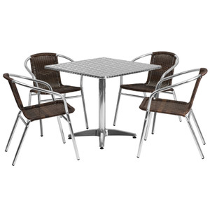 31.5'' Square Aluminum Indoor-Outdoor Table Set with 4 Dark Brown Rattan Chairs 31.5'' Square Aluminum Indoor-Outdoor Table Set with 4 Dark Brown Rattan Chairs