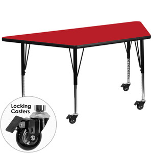 Mobile 29.5''W x 57.25''L Trapezoid Red HP Laminate Activity Table - Height Adjustable Short Legs Mobile 29.5''W x 57.25''L Trapezoid Red HP Laminate Activity Table - Height Adjustable Short Legs