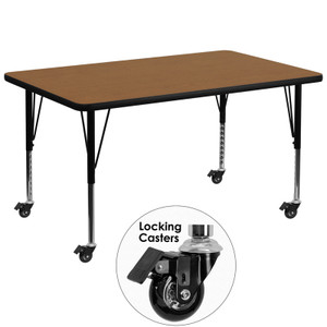 Mobile 36''W x 72''L Rectangular Oak Thermal Laminate Activity Table - Height Adjustable Short Legs Mobile 36''W x 72''L Rectangular Oak Thermal Laminate Activity Table - Height Adjustable Short Legs
