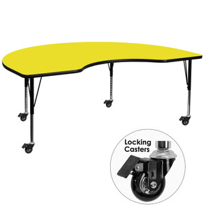 Mobile 48''W x 72''L Kidney Yellow HP Laminate Activity Table - Height Adjustable Short Legs Mobile 48''W x 72''L Kidney Yellow HP Laminate Activity Table - Height Adjustable Short Legs