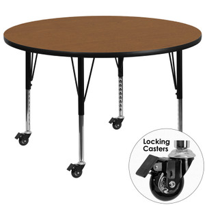 Mobile 60'' Round Oak Thermal Laminate Activity Table - Height Adjustable Short Legs Mobile 60'' Round Oak Thermal Laminate Activity Table - Height Adjustable Short Legs