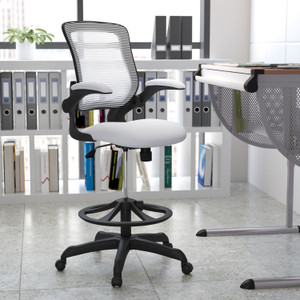 Mid-Back White Mesh Ergonomic Drafting Chair with Adjustable Foot Ring and Flip-Up Arms Mid-Back White Mesh Ergonomic Drafting Chair with Adjustable Foot Ring and Flip-Up Arms