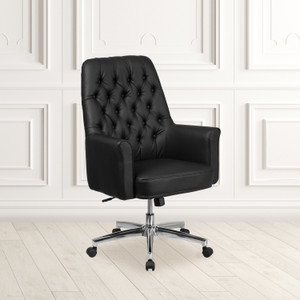 Mid-Back Traditional Tufted Black LeatherSoft Executive Swivel Office Chair with Arms Mid-Back Traditional Tufted Black LeatherSoft Executive Swivel Office Chair with Arms