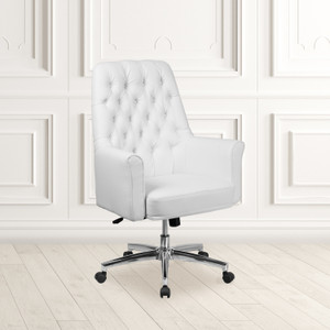 Mid-Back Traditional Tufted White LeatherSoft Executive Swivel Office Chair with Arms Mid-Back Traditional Tufted White LeatherSoft Executive Swivel Office Chair with Arms