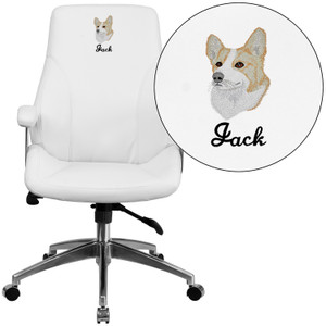 Embroidered Mid-Back White LeatherSoft Smooth Upholstered Executive Swivel Office Chair with Arms Embroidered Mid-Back White LeatherSoft Smooth Upholstered Executive Swivel Office Chair with Arms