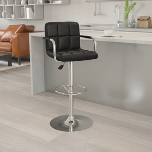 Contemporary Black Quilted Vinyl Adjustable Height Barstool with Arms and Chrome Base Contemporary Black Quilted Vinyl Adjustable Height Barstool with Arms and Chrome Base