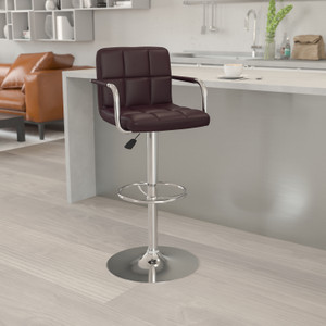 Contemporary Brown Quilted Vinyl Adjustable Height Barstool with Arms and Chrome Base Contemporary Brown Quilted Vinyl Adjustable Height Barstool with Arms and Chrome Base