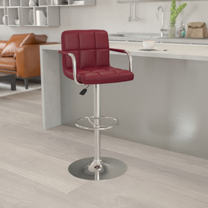 Contemporary Burgundy Quilted Vinyl Adjustable Height Barstool with Arms and Chrome Base Contemporary Burgundy Quilted Vinyl Adjustable Height Barstool with Arms and Chrome Base