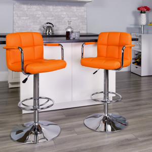 Contemporary Orange Quilted Vinyl Adjustable Height Barstool with Arms and Chrome Base Contemporary Orange Quilted Vinyl Adjustable Height Barstool with Arms and Chrome Base
