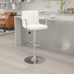 Contemporary White Quilted Vinyl Adjustable Height Barstool with Arms and Chrome Base Contemporary White Quilted Vinyl Adjustable Height Barstool with Arms and Chrome Base