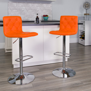 Contemporary Button Tufted Orange Vinyl Adjustable Height Barstool with Chrome Base Contemporary Button Tufted Orange Vinyl Adjustable Height Barstool with Chrome Base