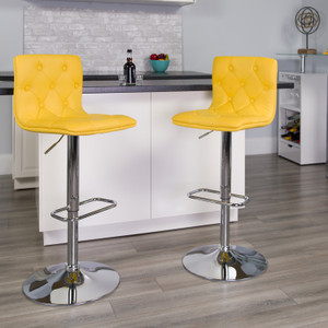 Contemporary Button Tufted Yellow Vinyl Adjustable Height Barstool with Chrome Base Contemporary Button Tufted Yellow Vinyl Adjustable Height Barstool with Chrome Base