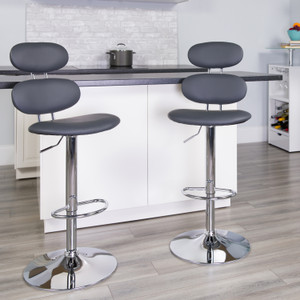 Contemporary Gray Vinyl Adjustable Height Barstool with Ellipse Back and Chrome Base Contemporary Gray Vinyl Adjustable Height Barstool with Ellipse Back and Chrome Base