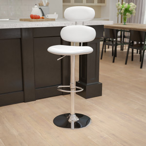 Contemporary White Vinyl Adjustable Height Barstool with Ellipse Back and Chrome Base Contemporary White Vinyl Adjustable Height Barstool with Ellipse Back and Chrome Base