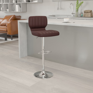 Contemporary Brown Vinyl Adjustable Height Barstool with Vertical Stitch Back and Chrome Base Contemporary Brown Vinyl Adjustable Height Barstool with Vertical Stitch Back and Chrome Base