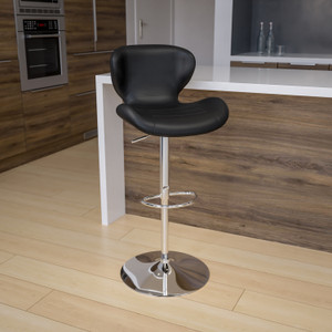 Contemporary Black Vinyl Adjustable Height Barstool with Curved Back and Chrome Base Contemporary Black Vinyl Adjustable Height Barstool with Curved Back and Chrome Base