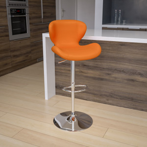 Contemporary Orange Vinyl Adjustable Height Barstool with Curved Back and Chrome Base Contemporary Orange Vinyl Adjustable Height Barstool with Curved Back and Chrome Base