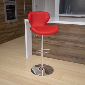 Contemporary Red Vinyl Adjustable Height Barstool with Curved Back and Chrome Base Contemporary Red Vinyl Adjustable Height Barstool with Curved Back and Chrome Base