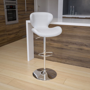 Contemporary White Vinyl Adjustable Height Barstool with Curved Back and Chrome Base Contemporary White Vinyl Adjustable Height Barstool with Curved Back and Chrome Base