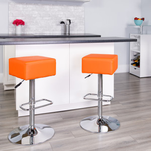 Contemporary Orange Vinyl Adjustable Height Barstool with Square Seat and Chrome Base Contemporary Orange Vinyl Adjustable Height Barstool with Square Seat and Chrome Base