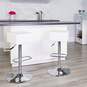Contemporary White Vinyl Adjustable Height Barstool with Square Seat and Chrome Base Contemporary White Vinyl Adjustable Height Barstool with Square Seat and Chrome Base