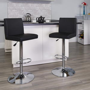 Contemporary Black Vinyl Adjustable Height Barstool with Panel Back and Chrome Base Contemporary Black Vinyl Adjustable Height Barstool with Panel Back and Chrome Base
