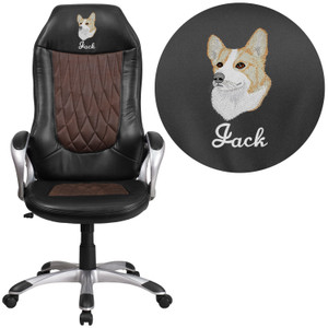 Embroidered High Back Brown Fabric and Black Vinyl Executive Swivel Office Chair with Arms Embroidered High Back Brown Fabric and Black Vinyl Executive Swivel Office Chair with Arms