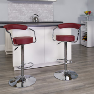 Contemporary Burgundy Vinyl Adjustable Height Barstool with Arms and Chrome Base Contemporary Burgundy Vinyl Adjustable Height Barstool with Arms and Chrome Base