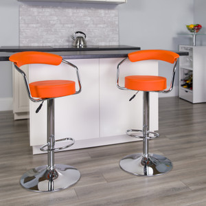 Contemporary Orange Vinyl Adjustable Height Barstool with Arms and Chrome Base Contemporary Orange Vinyl Adjustable Height Barstool with Arms and Chrome Base