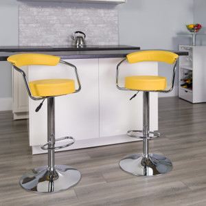 Contemporary Yellow Vinyl Adjustable Height Barstool with Arms and Chrome Base Contemporary Yellow Vinyl Adjustable Height Barstool with Arms and Chrome Base