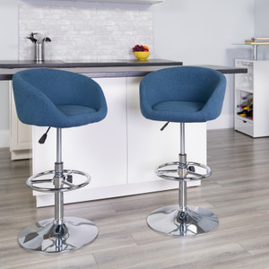 Contemporary Blue Fabric Adjustable Height Barstool with Barrel Back and Chrome Base Contemporary Blue Fabric Adjustable Height Barstool with Barrel Back and Chrome Base