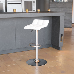 Contemporary White Vinyl Adjustable Height Barstool with Quilted Wave Seat and Chrome Base Contemporary White Vinyl Adjustable Height Barstool with Quilted Wave Seat and Chrome Base