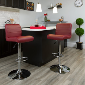 Contemporary Burgundy Vinyl Adjustable Height Barstool with Rolled Seat and Chrome Base Contemporary Burgundy Vinyl Adjustable Height Barstool with Rolled Seat and Chrome Base