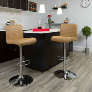 Contemporary Cappuccino Vinyl Adjustable Height Barstool with Rolled Seat and Chrome Base Contemporary Cappuccino Vinyl Adjustable Height Barstool with Rolled Seat and Chrome Base