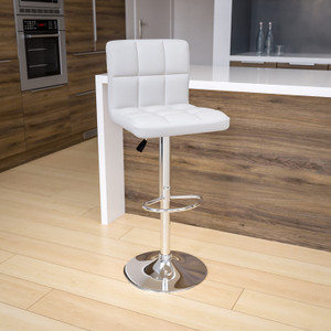 Contemporary White Quilted Vinyl Adjustable Height Barstool with Chrome Base Contemporary White Quilted Vinyl Adjustable Height Barstool with Chrome Base