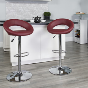 Contemporary Burgundy Vinyl Rounded Orbit-Style Back Adjustable Height Barstool with Chrome Base Contemporary Burgundy Vinyl Rounded Orbit-Style Back Adjustable Height Barstool with Chrome Base