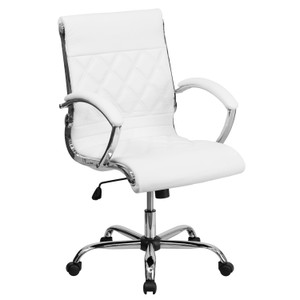 Mid-Back Designer White LeatherSoft Executive Swivel Office Chair with Chrome Base and Arms Mid-Back Designer White LeatherSoft Executive Swivel Office Chair with Chrome Base and Arms